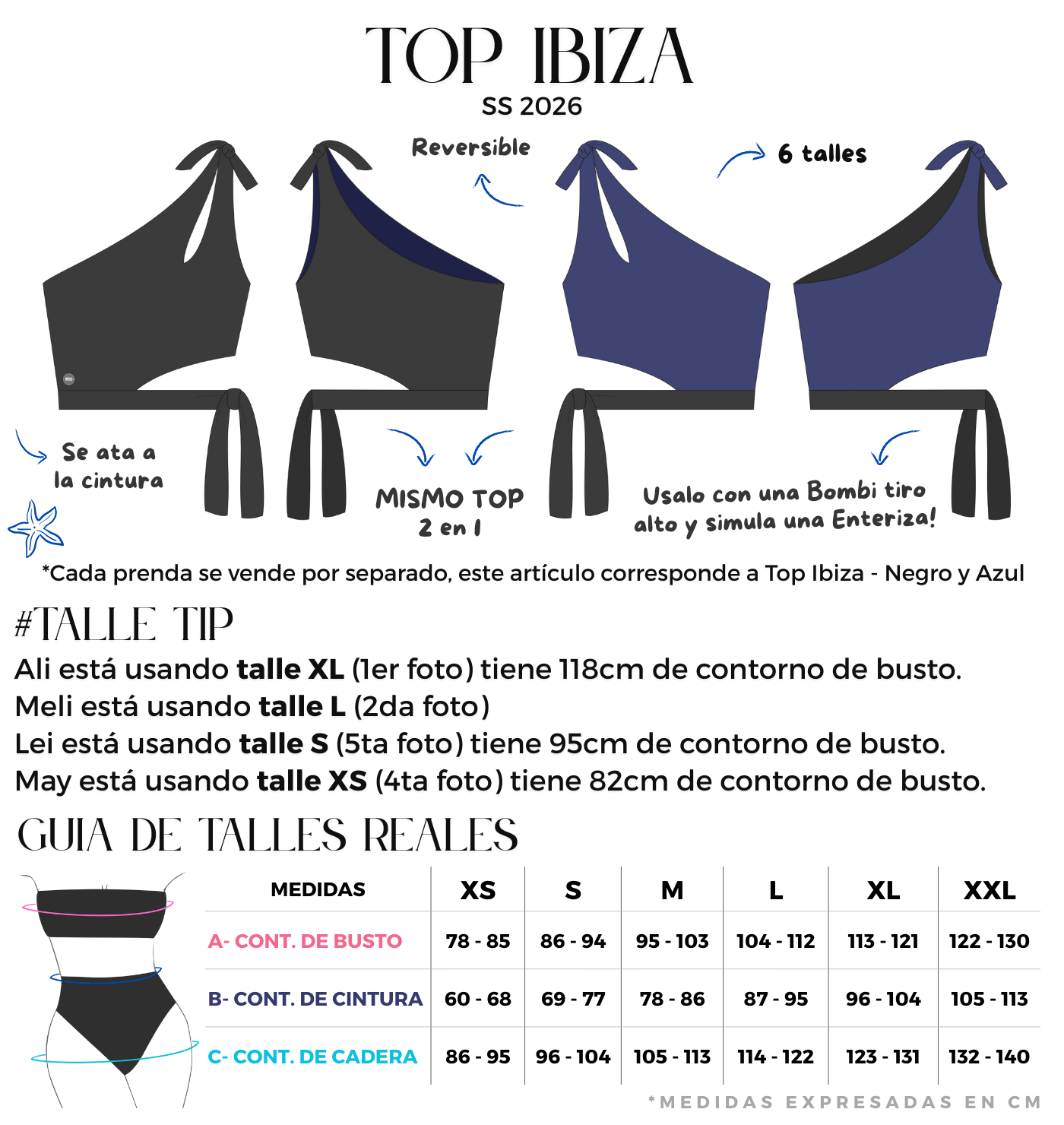 Top reversible negro y azul, de un hombro